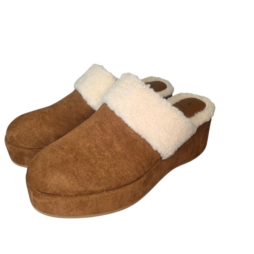 Time and Tru Womens 8 Brown Faux Shearling Wedge Clogs Faux Suede NWOB